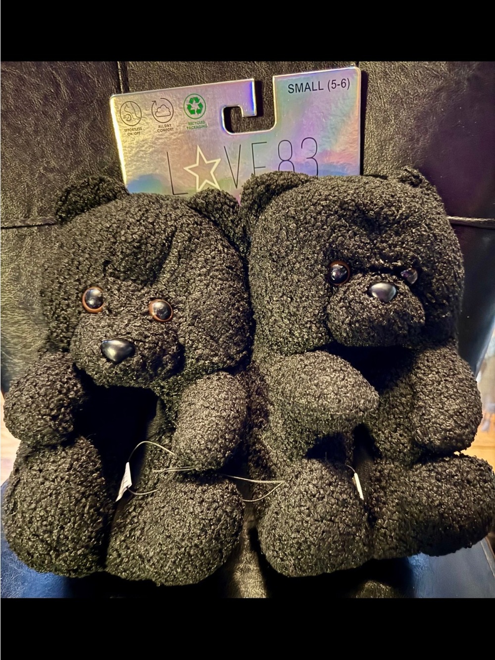 Cute and Cuddly or "Oversized Plush" slipper in black soft boucle fur